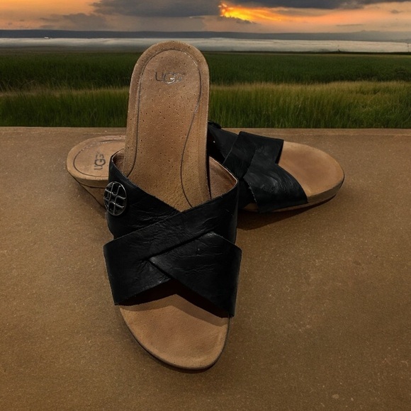 UGG Women’s Sandal Lyra Black Leather Wedge Cork Heel. Size 8.5. - Picture 7 of 8